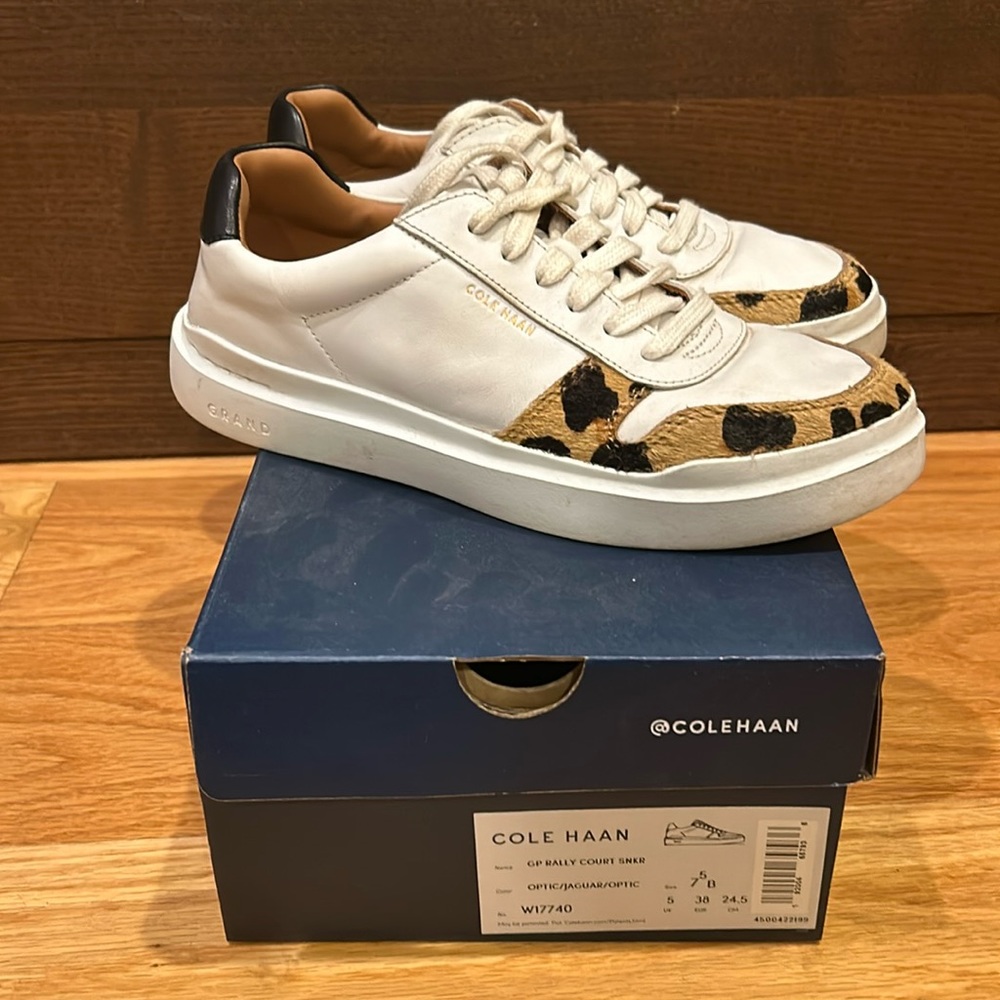 Cole Haan GP Rally Court Sneaker, size 7.5, white/jaguar print